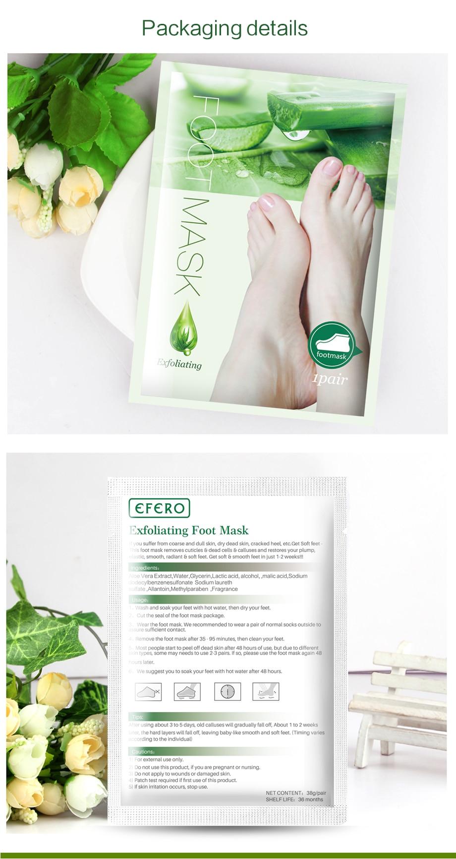 efero 2Pcs=1Pair Aloe Peeling Foot Mask for Legs Feet Mask Exfoliating Socks for Pedicure Anti Crack Heel Remove Skin Foot Patch